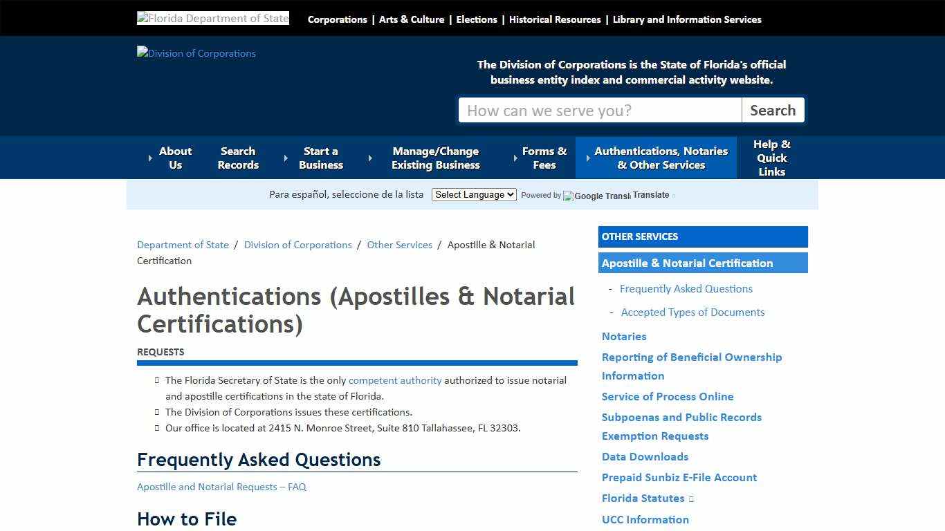 Authentications (Apostilles & Notarial Certifications) - Division of Corporations - Florida Department of State